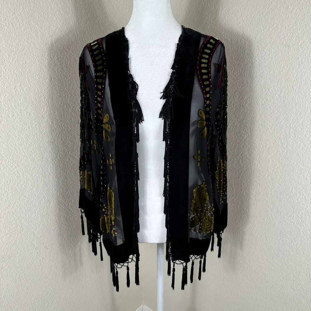 R&K‎ Evening Black Velvet Burnout Kimono Small Beaded Fringe Whimsigoth Boho